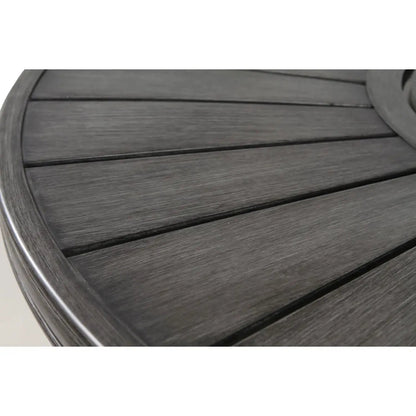 Brown round outdoor table top with wood slats and metal edge on Tampa Home & Garden Store