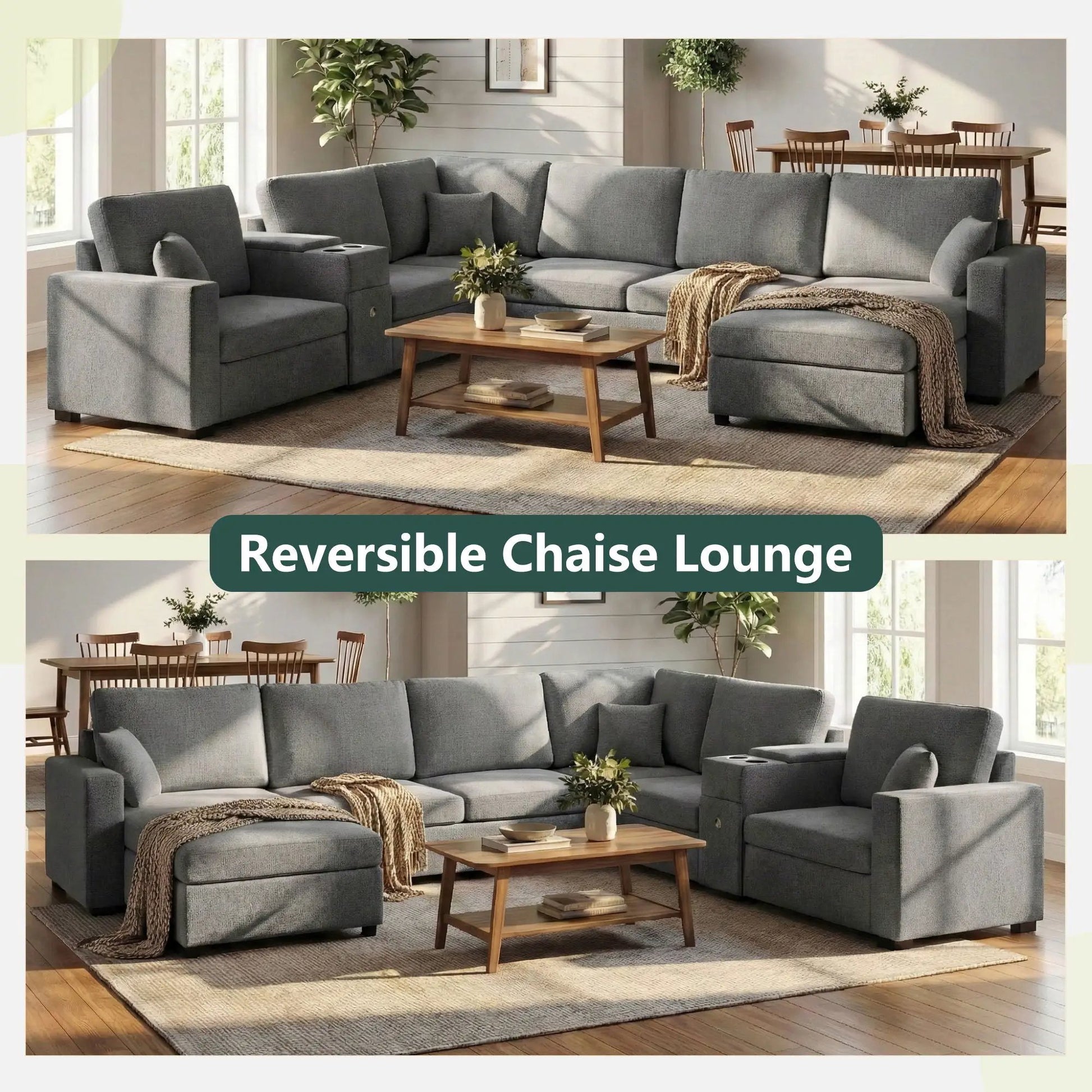 Modular 5-seat U-shape sectional sofa in grey fabric with built-in cup holders and storage on Tampa Home & Garden Store