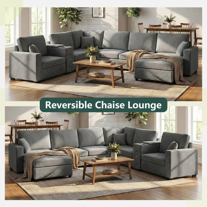 Modular 5-seat U-shape sectional sofa in grey fabric with built-in cup holders and storage on Tampa Home & Garden Store