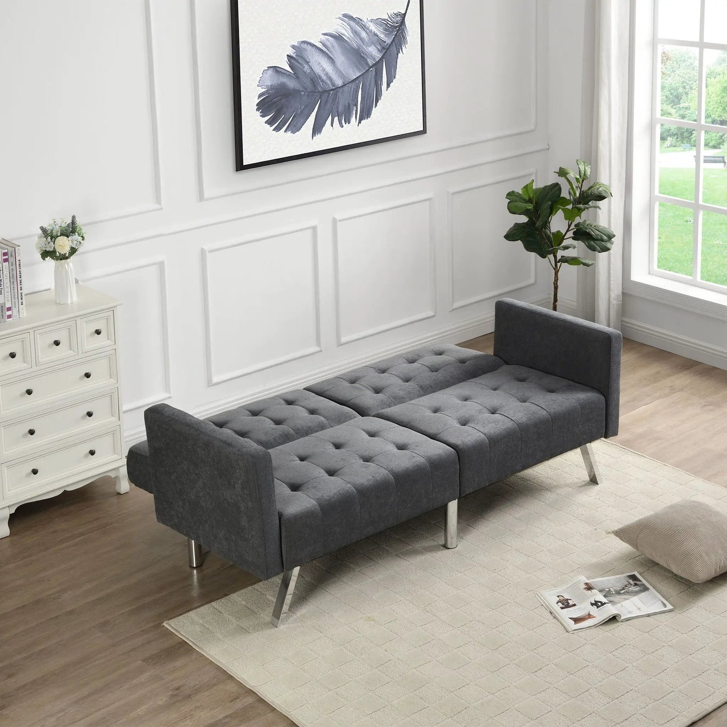Futon sofa bed gray tufted upholstery with metal legs and armrests by Unique Piece Furniture on Tampa Home & Garden Store