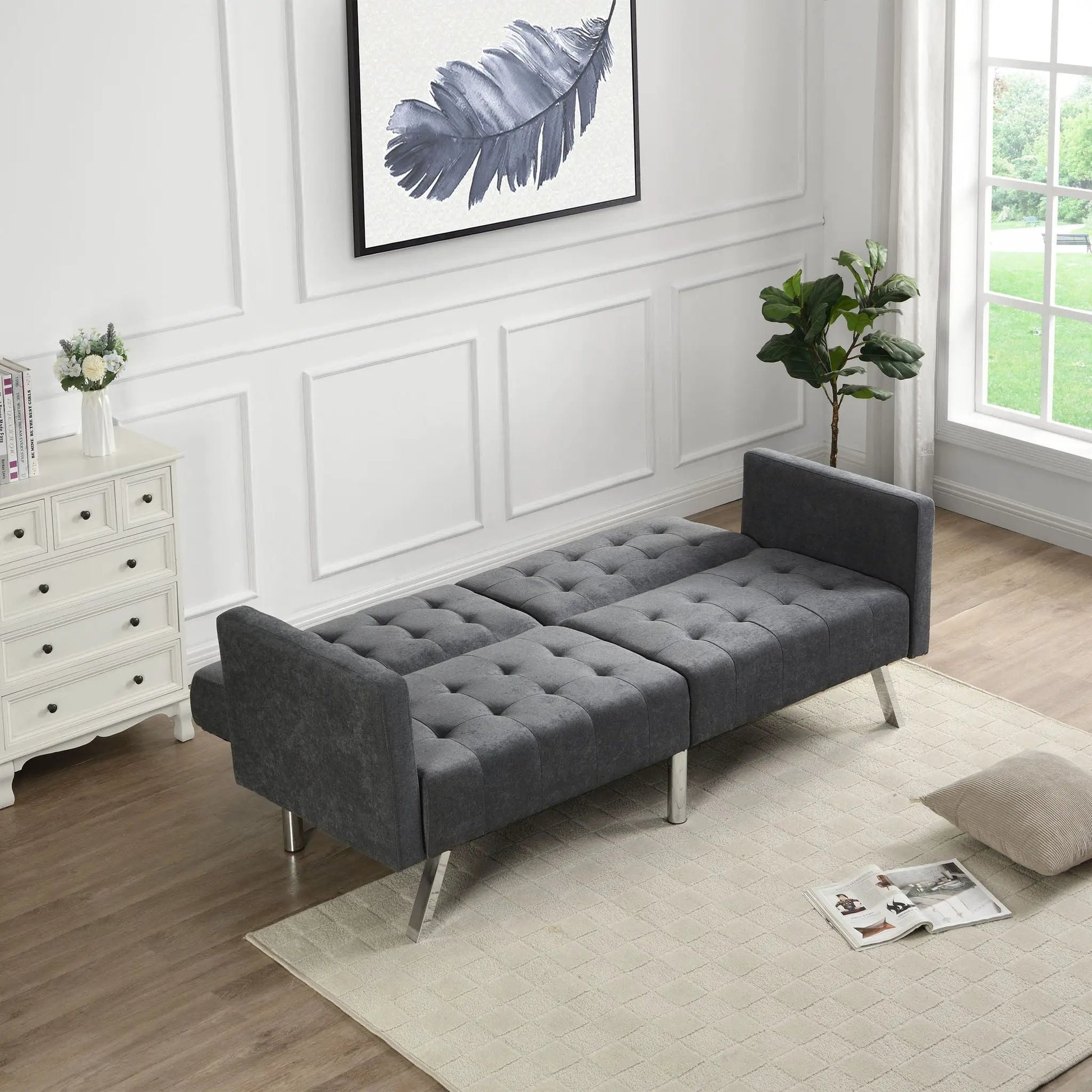 Futon sofa bed gray tufted upholstery with metal legs and armrests by Unique Piece Furniture on Tampa Home & Garden Store