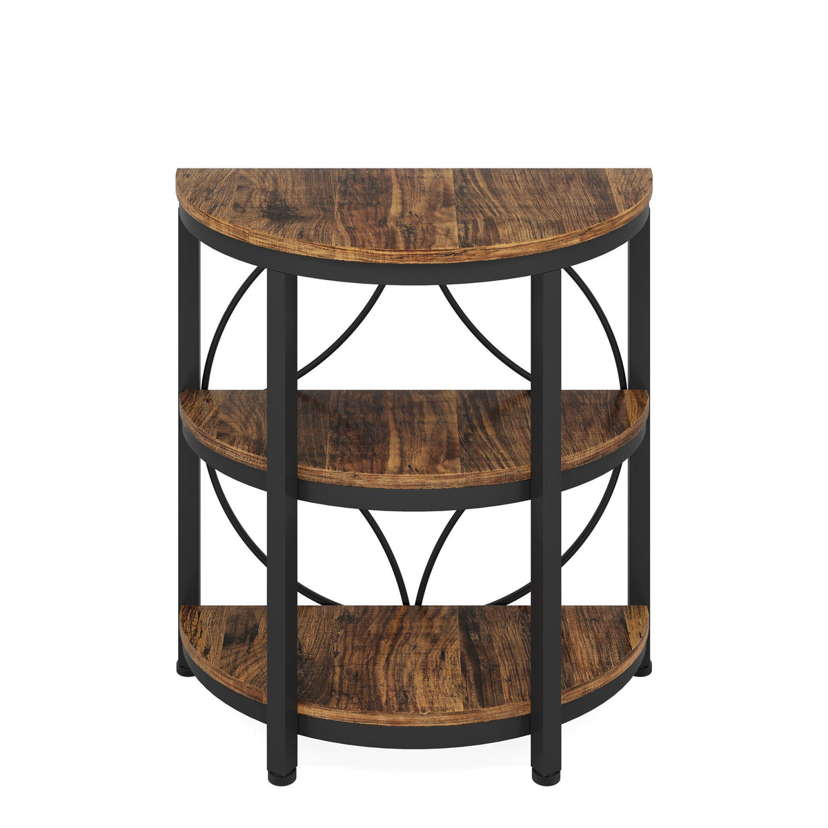 3 Tier Half Moon End Table, rustic deep brown wood shelves with black metal frame HouseOfZazla on Tampa Home & Garden Store