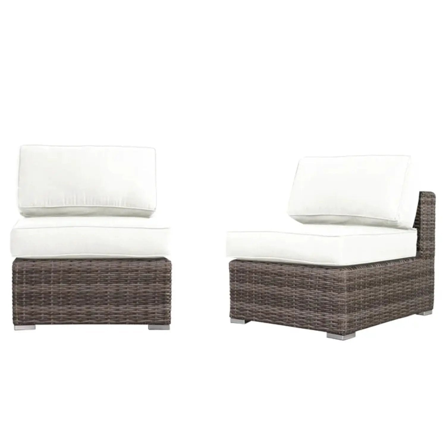 Armless patio chairs with white cushions, brown wicker frames, set of 2 on Tampa Home & Garden Store
