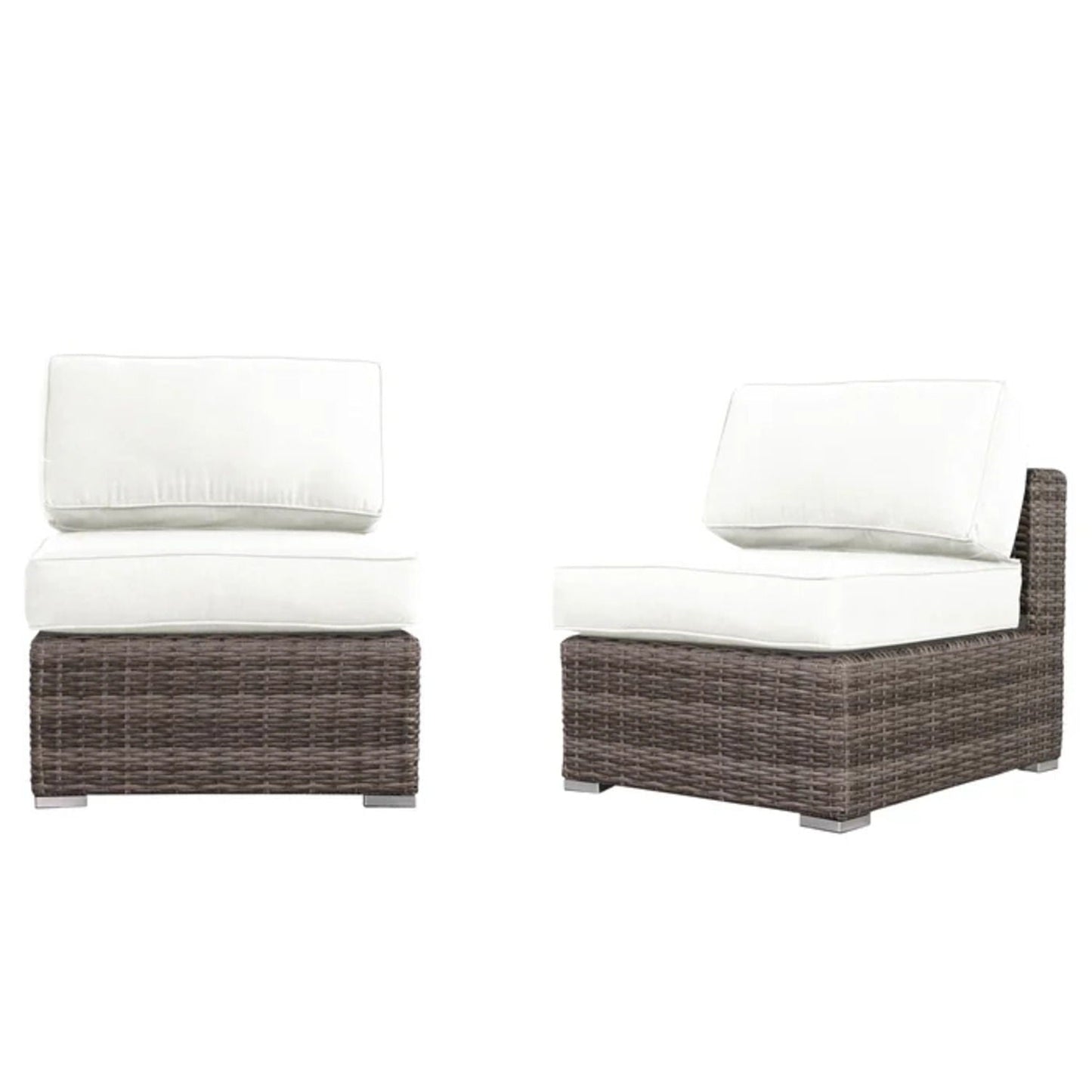 Armless patio chairs with white cushions, brown wicker frame, HouseOfZazla 2-pack on Tampa Home & Garden Store