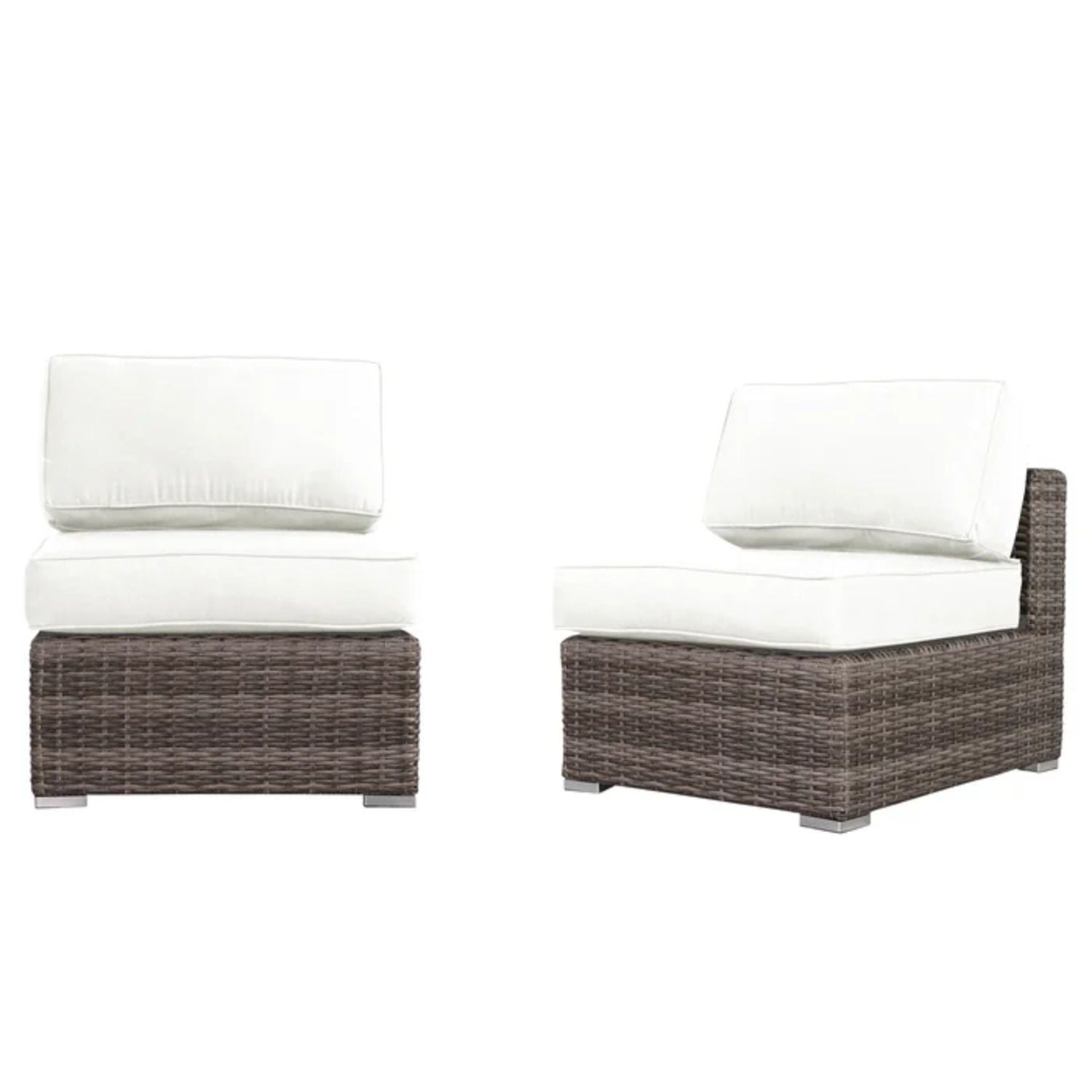 Armless patio chairs with white cushions, brown wicker frame, HouseOfZazla 2-pack on Tampa Home & Garden Store