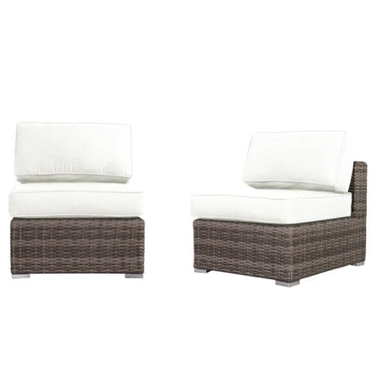 Armless patio chairs with white cushions, brown wicker frame, HouseOfZazla 2-pack on Tampa Home & Garden Store