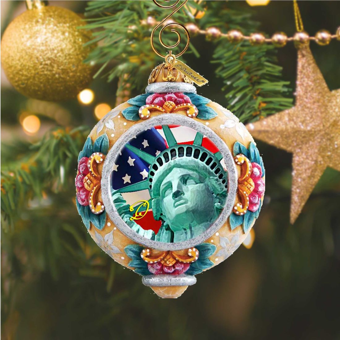 G.DeBrekht Statue of Liberty ornament, sculpted patriotic with teal floral frame on Tampa Home & Garden Store