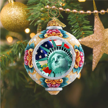 G.DeBrekht Statue of Liberty ornament, sculpted patriotic with teal floral frame on Tampa Home & Garden Store