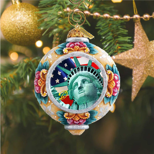 G.DeBrekht Statue of Liberty ornament, sculpted patriotic with teal floral frame on Tampa Home & Garden Store