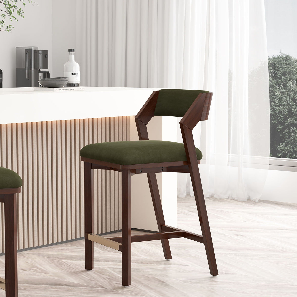 Patricia Counter Stool HouseOfZazla, green upholstered seat, dark wood legs, counter height on Tampa Home & Garden Store