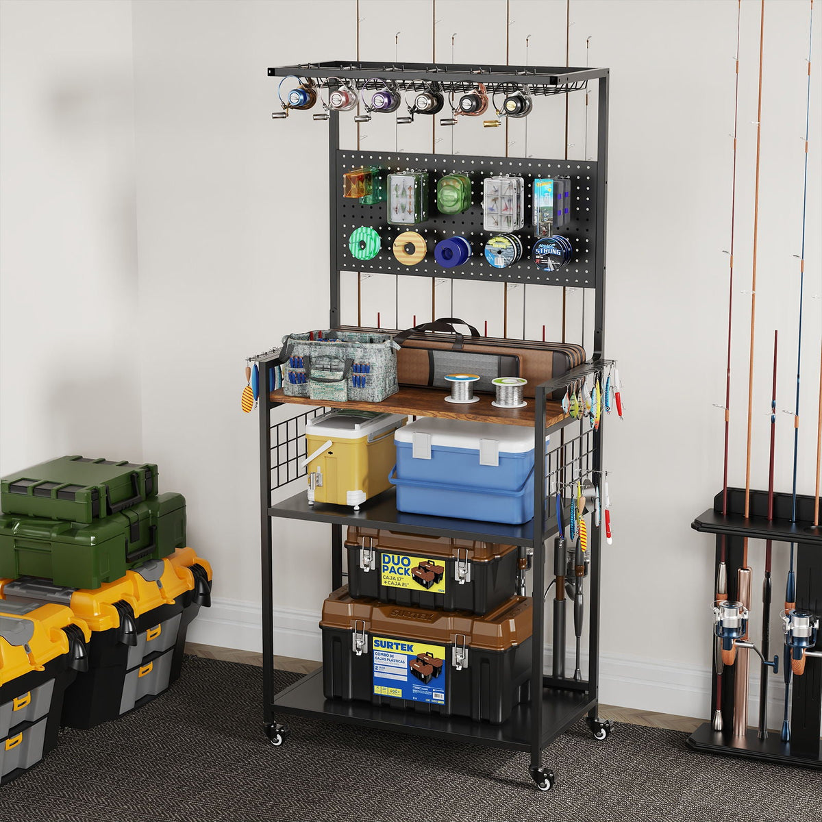 Fishing rod storage rack with pegboard and cart by HouseOfZazla steel frame holds rods on Tampa Home & Garden Store
