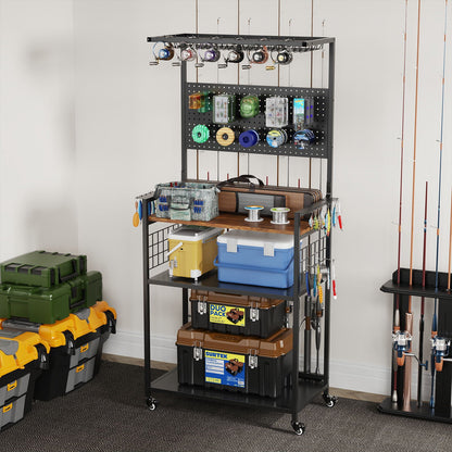 Fishing rod storage rack with pegboard and cart by HouseOfZazla steel frame holds rods on Tampa Home & Garden Store