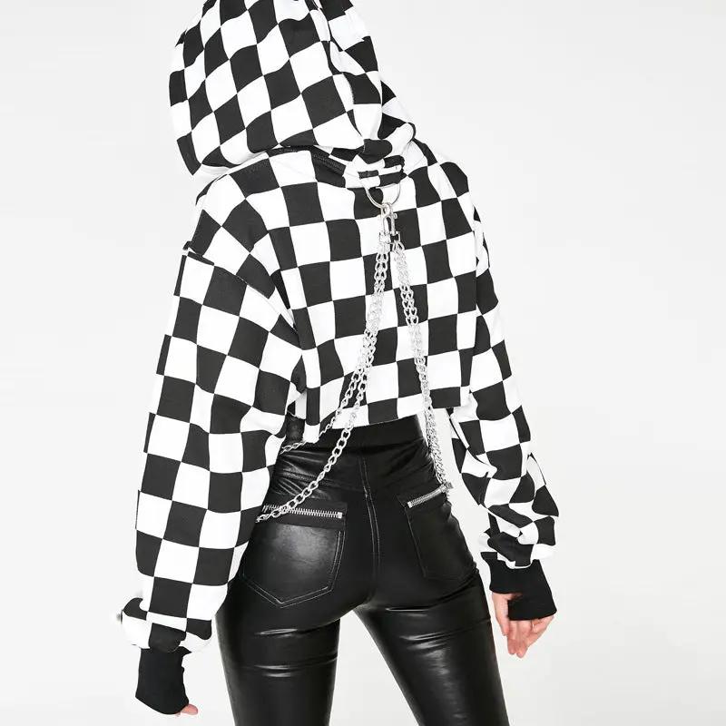 Dark Design Cool Blouse Women's Sweater black-and-white checkered hoodie with silver chain on Tampa Home & Garden Store