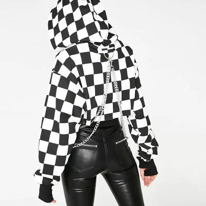 Dark Design Cool Blouse Women's Sweater black-and-white checkered hoodie with silver chain on Tampa Home & Garden Store