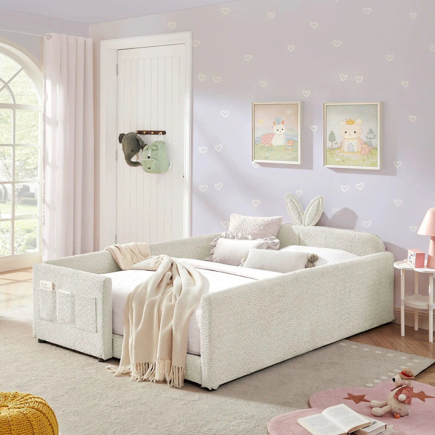 Cute Rabbit Ear Upholstered Bed Frame with Safety Rail in beige by Unique Piece Furniture on Tampa Home & Garden Store