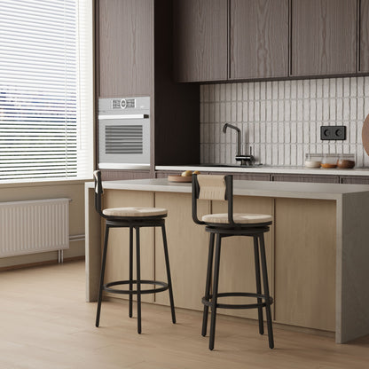 Bar stools set of 2 with black metal swivel frames and beige paper rope seats at kitchen island on Tampa Home & Garden Store