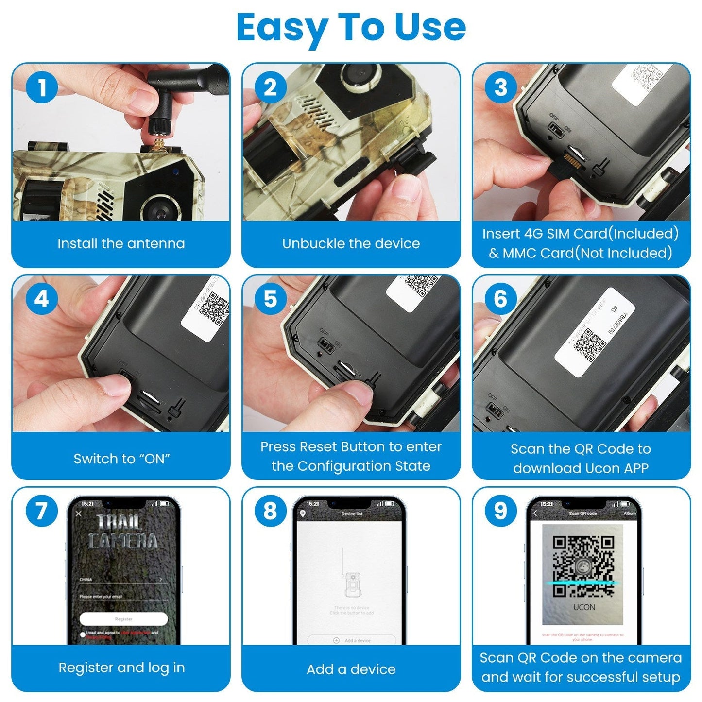 GemGear 4G 4K solar trail camera setup guide collage with SIM card, antenna and app steps on Tampa Home & Garden Store