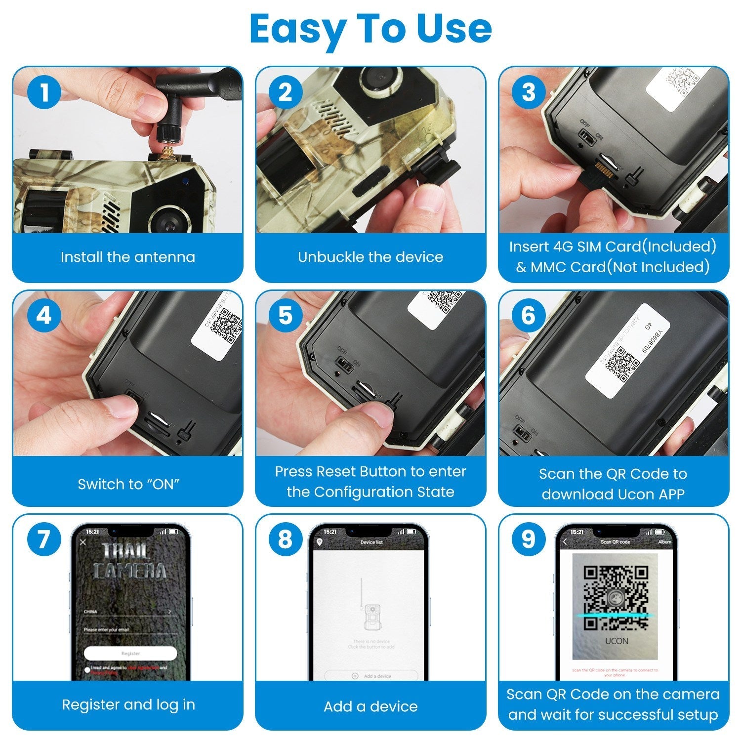 GemGear 4G 4K solar trail camera setup guide collage with SIM card, antenna and app steps on Tampa Home & Garden Store