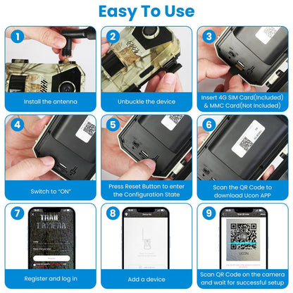 GemGear 4G 4K solar trail camera setup guide collage with SIM card, antenna and app steps on Tampa Home & Garden Store