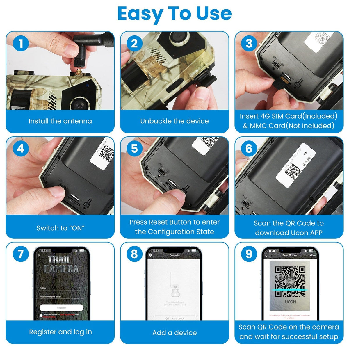 GemGear 4G 4K solar trail camera setup guide collage showing install steps and SIM/app setup on Tampa Home & Garden Store