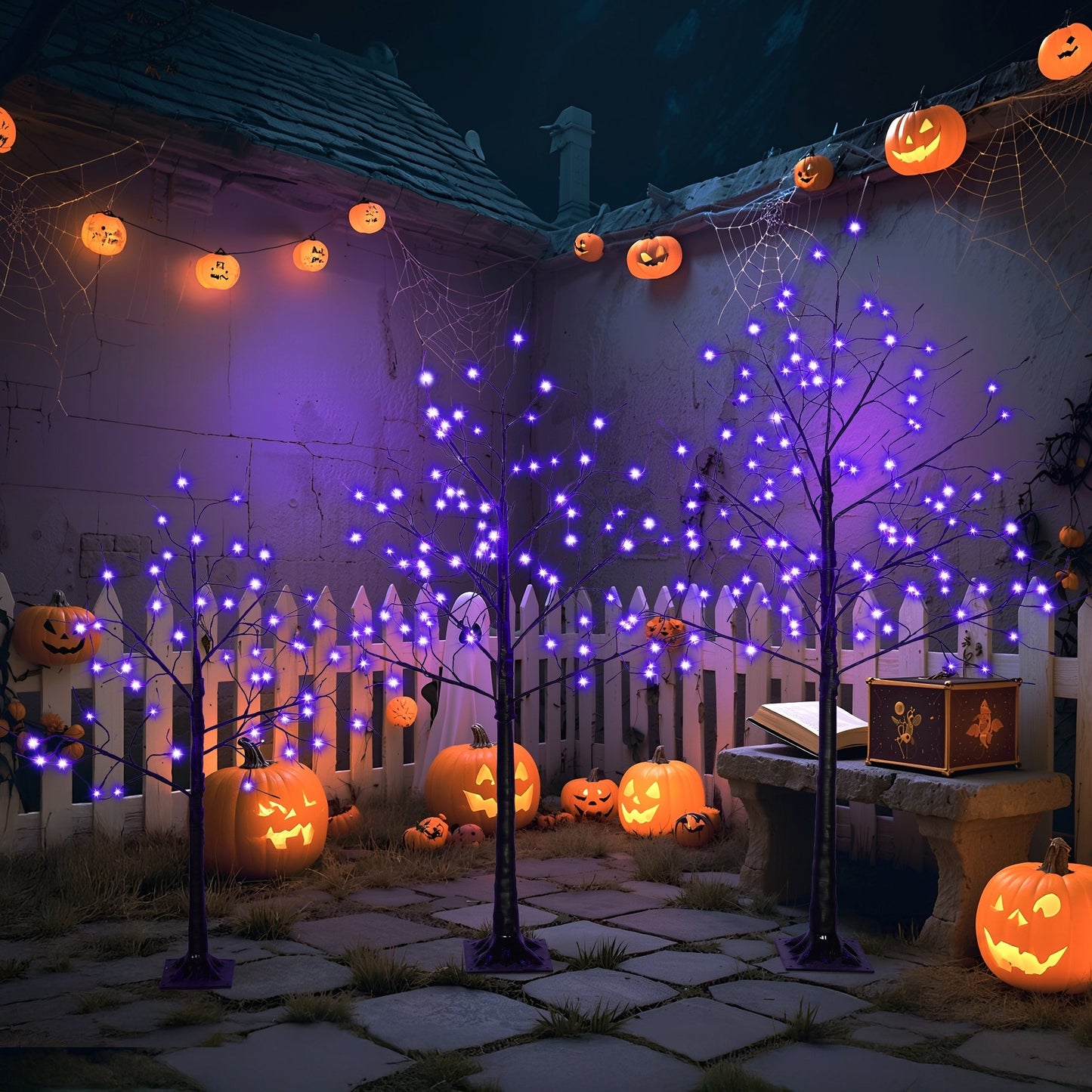 3 Pc Illuminated Halloween Tree set by HouseOfZazla with purple LED glow for yard decor on Tampa Home & Garden Store