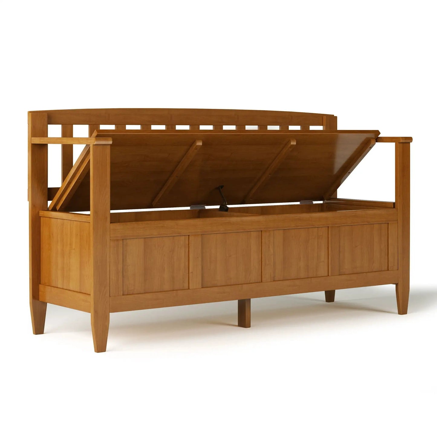Brooklyn Handcrafted Entryway Storage Bench in warm wood finish with lift-up storage lid on Tampa Home & Garden Store