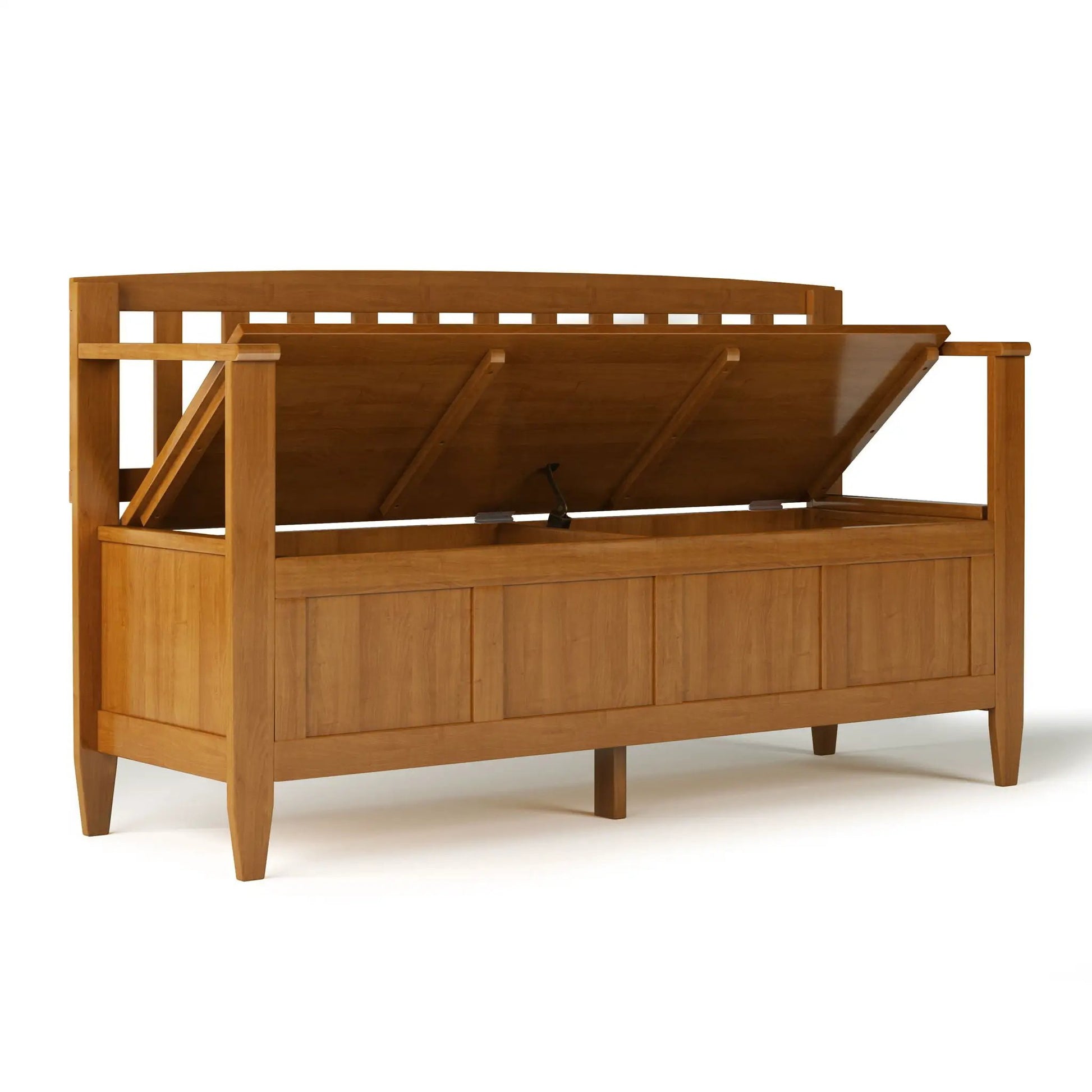 Brooklyn Handcrafted Entryway Storage Bench in warm wood finish with lift-up storage lid on Tampa Home & Garden Store