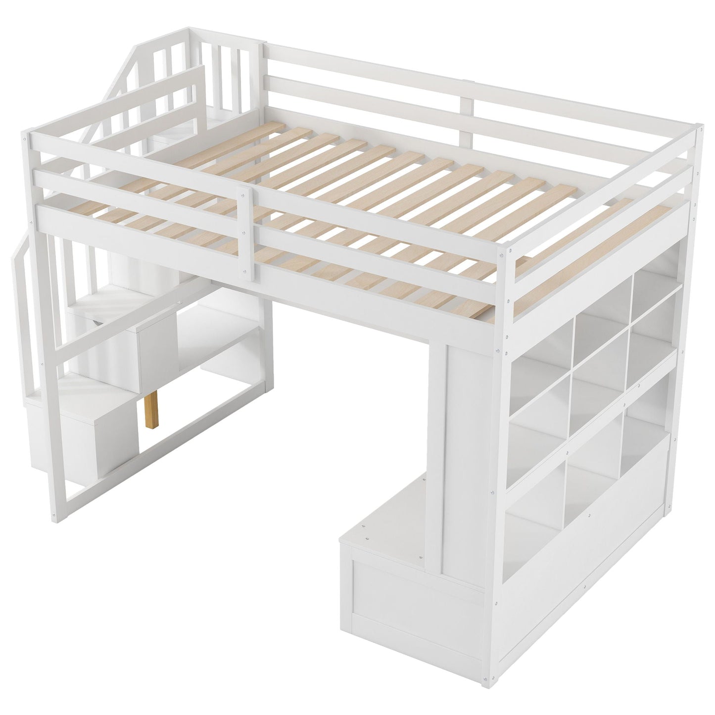 Full-size loft bed with desk and shelves, white finish, storage staircase, 2 drawers on Tampa Home & Garden Store