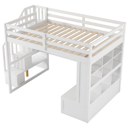 Full-size loft bed with desk and shelves, white finish, storage staircase, 2 drawers on Tampa Home & Garden Store