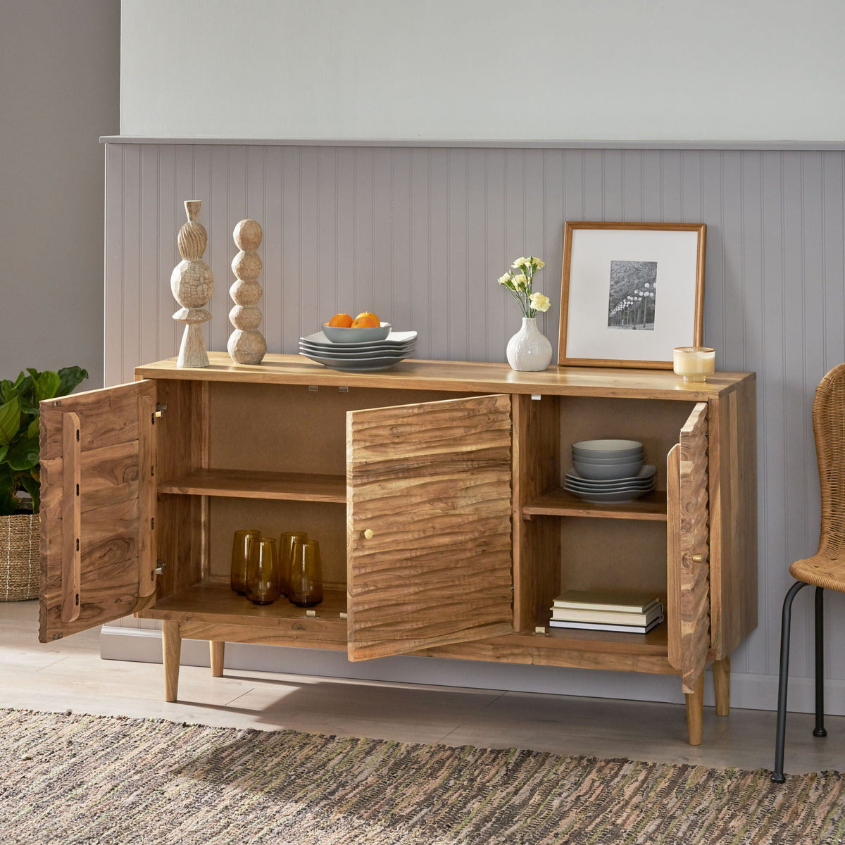 Boho handcrafted 3-door sideboard with carved texture in natural wood by HouseOfZazla on Tampa Home & Garden Store