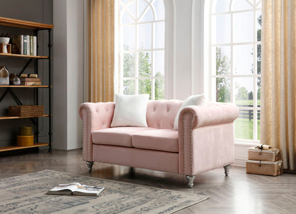 Contemporary pink velvet loveseat with jeweled tufting and nailhead trim by HouseOfZazla on Tampa Home & Garden Store