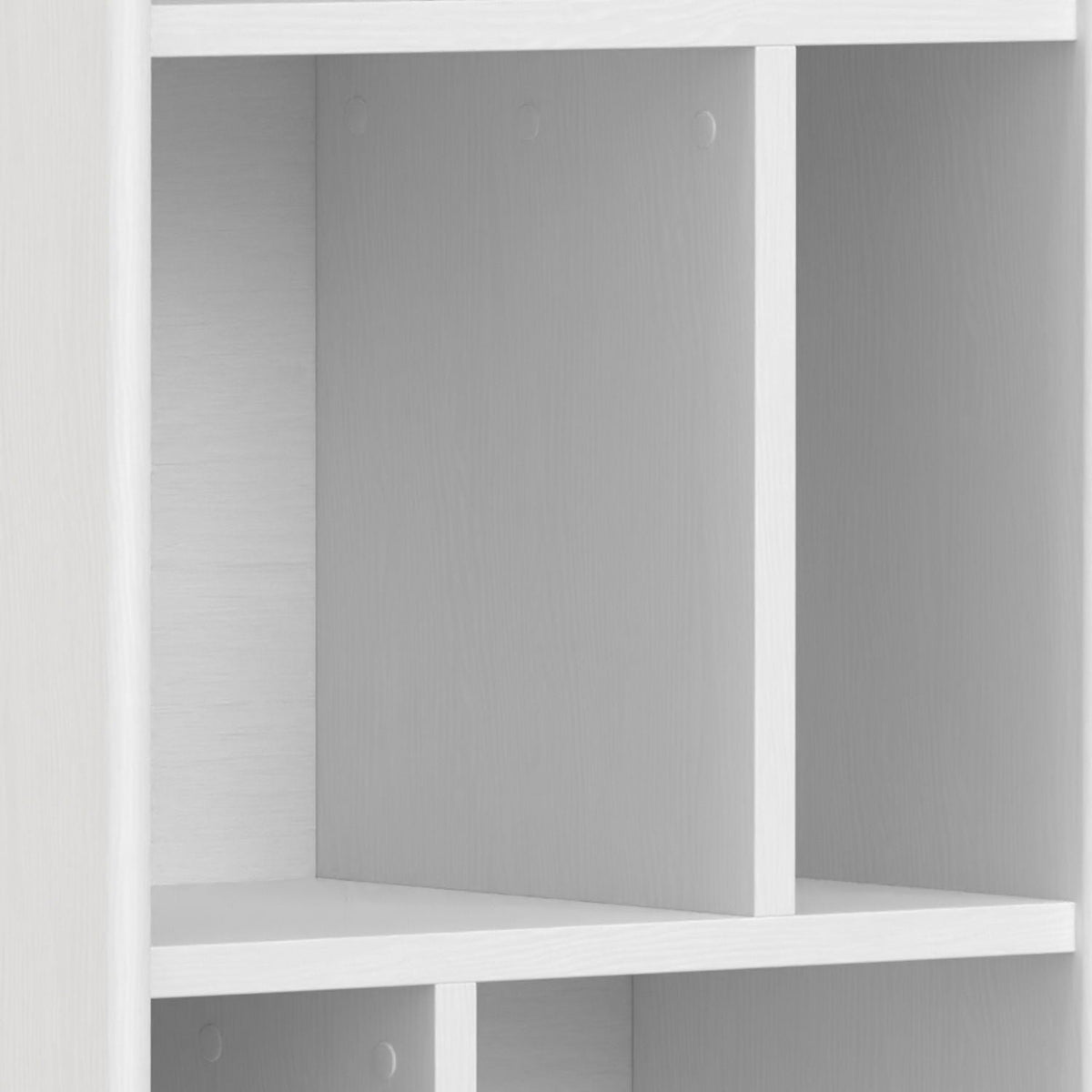 Mid Century Wide Bookcase with storage drawers in white wood finish, segmented shelves on Tampa Home & Garden Store