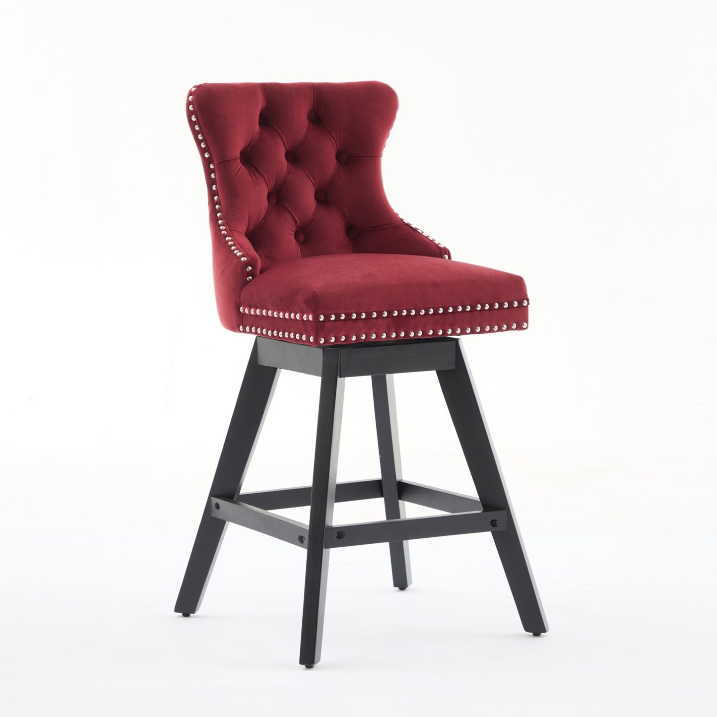 Swivel velvet barstool wine red with button tufting nailhead trim and black base set of 2 on Tampa Home & Garden Store