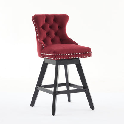 Swivel velvet barstool wine red with button tufting nailhead trim and black base set of 2 on Tampa Home & Garden Store