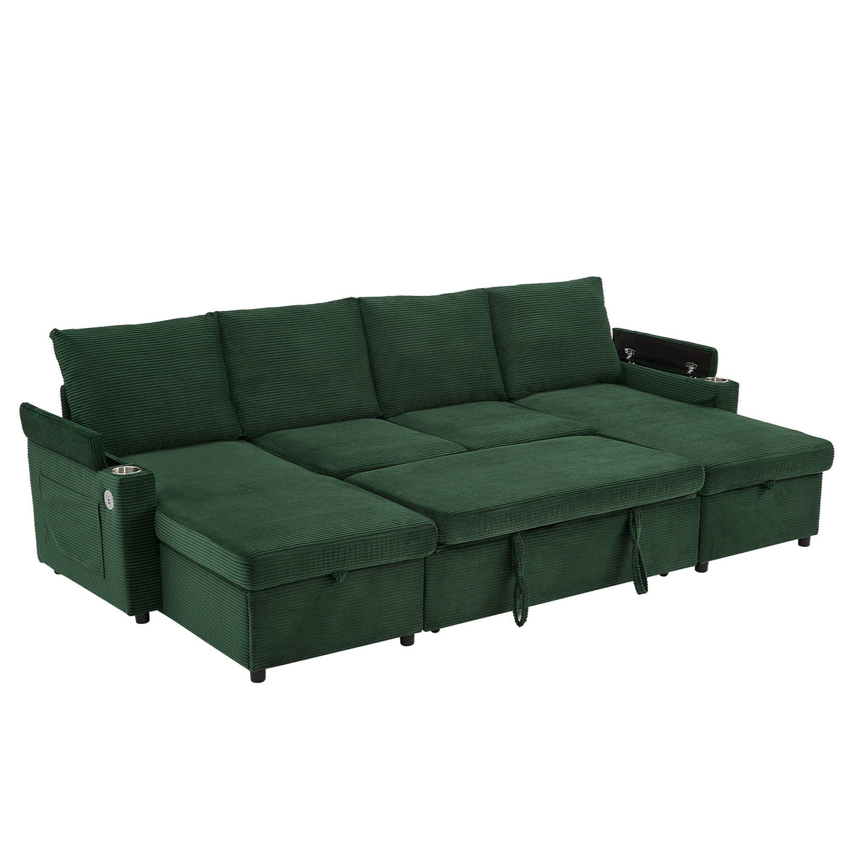 U Shaped Sectional Sofa Bed with Storage Chaise in green corduroy fabric, cup holders on Tampa Home & Garden Store
