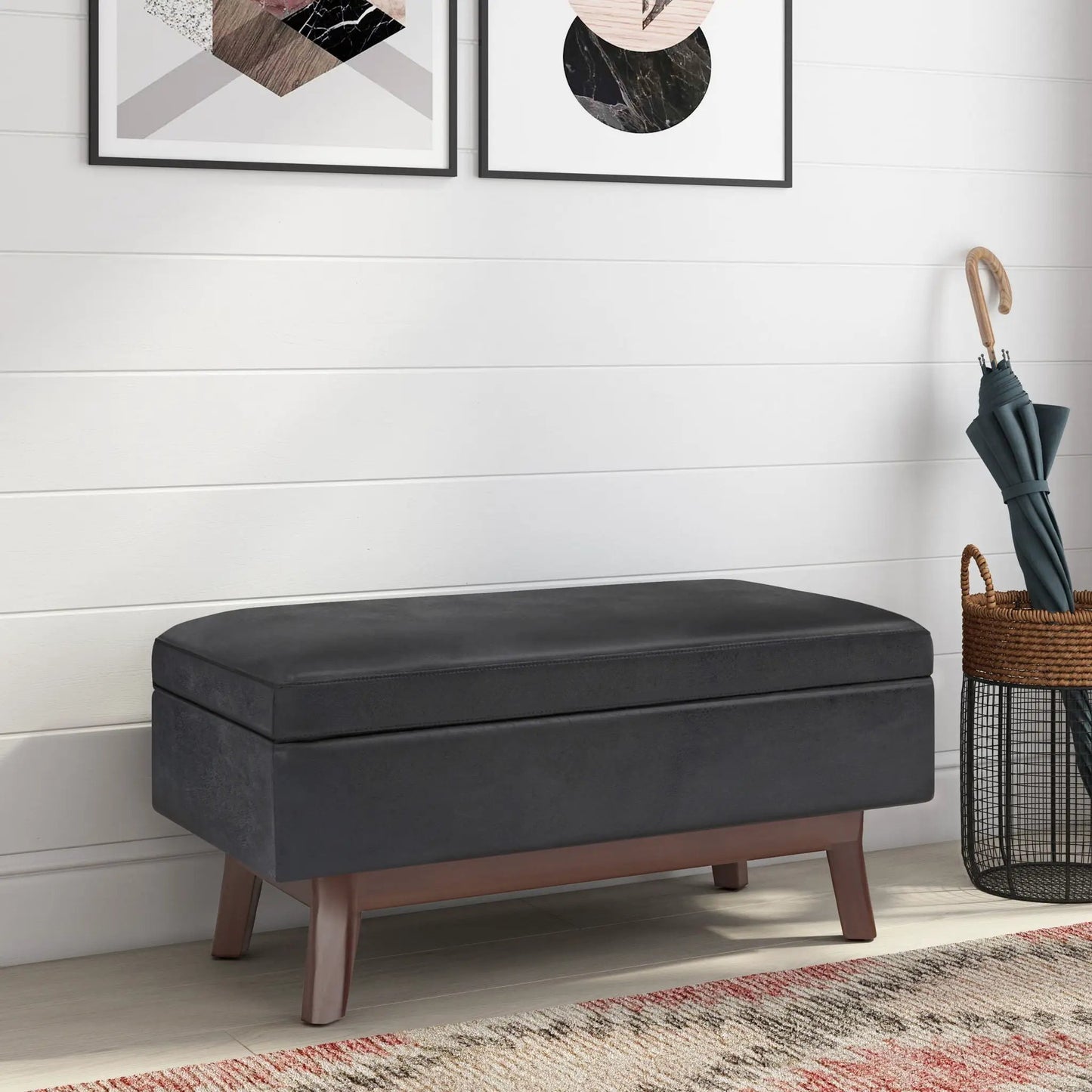 Owen upholstered rectangular storage ottoman, charcoal black faux leather with wooden legs on Tampa Home & Garden Store