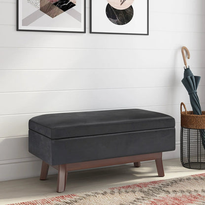 Owen upholstered rectangular storage ottoman, charcoal black faux leather with wooden legs on Tampa Home & Garden Store