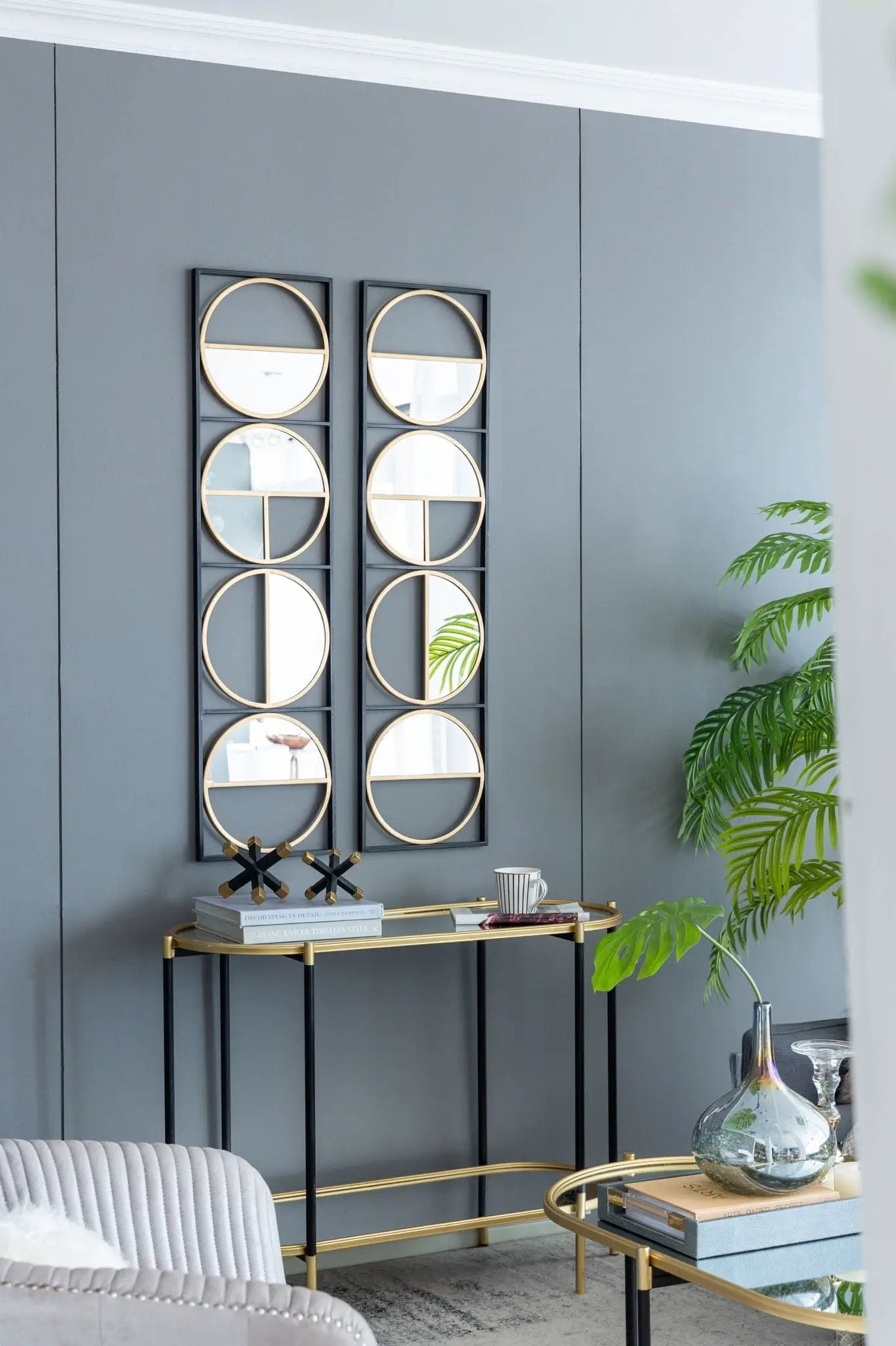 Eclectic metal beaded wall mirror pair in black with gold circular panels by Unique Piece on Tampa Home & Garden Store
