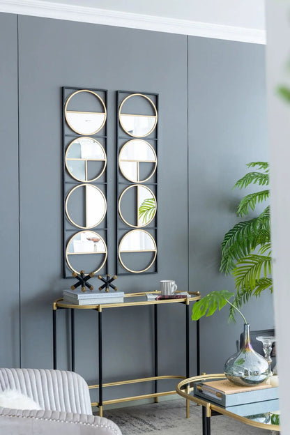Eclectic metal beaded wall mirror pair in black with gold circular panels by Unique Piece on Tampa Home & Garden Store