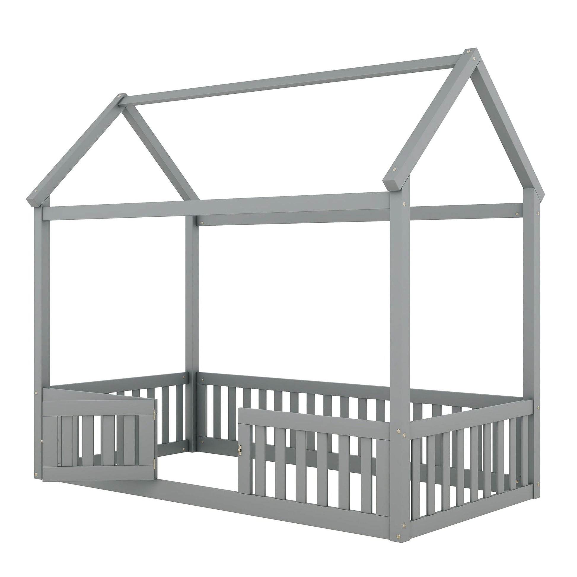 Wood House Bed With Fence And Door frame in grey wood HouseOfZazla Platform Bed on Tampa Home & Garden Store