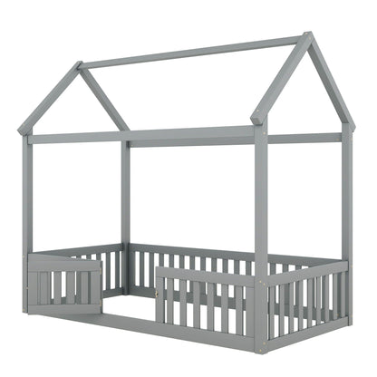 Wood House Bed With Fence And Door frame in grey wood HouseOfZazla Platform Bed on Tampa Home & Garden Store