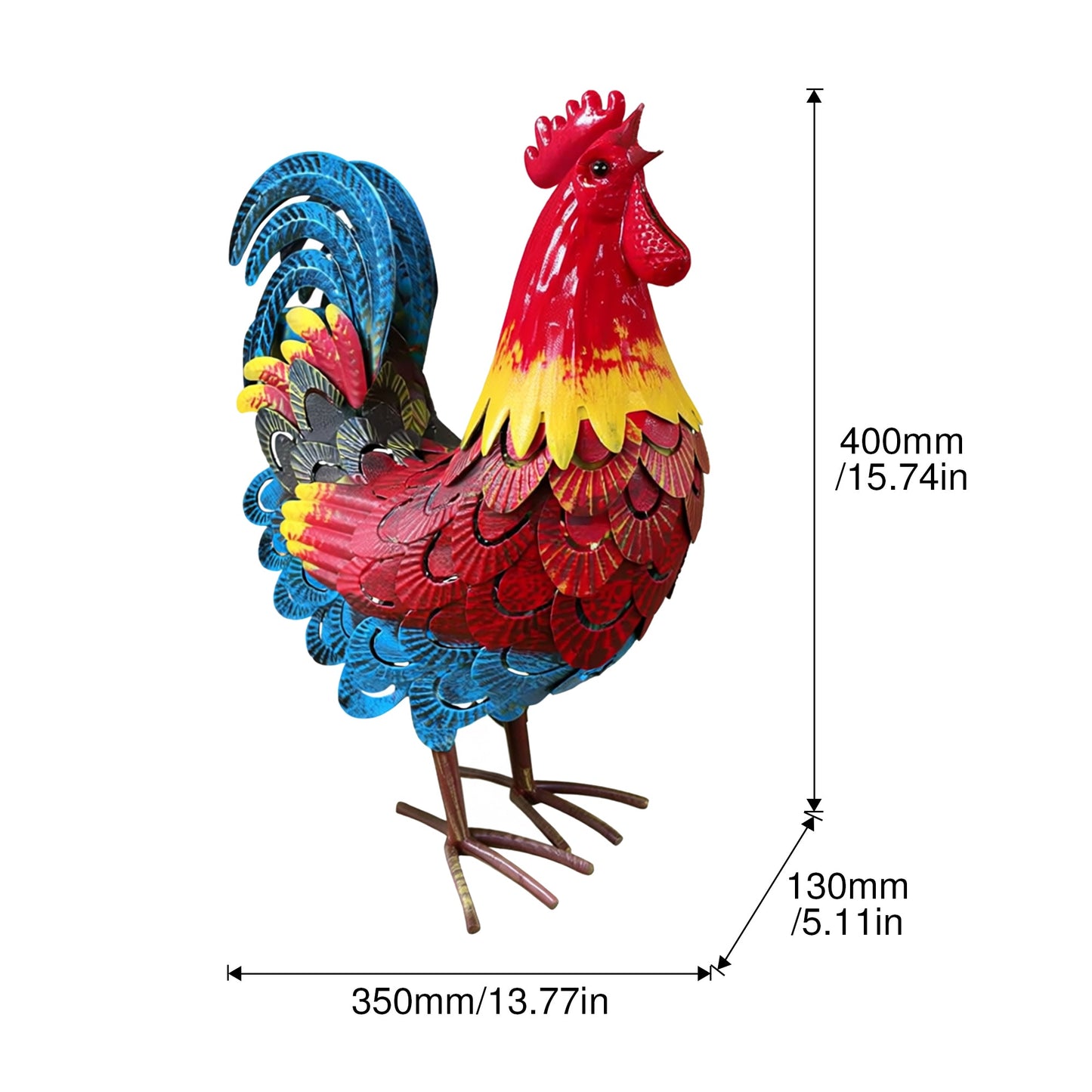 Wrought-Iron Rooster Garden Statue by HouseOfZazla; red body with yellow belly and blue tail, metal sculpture on Tampa Home & Garden Store