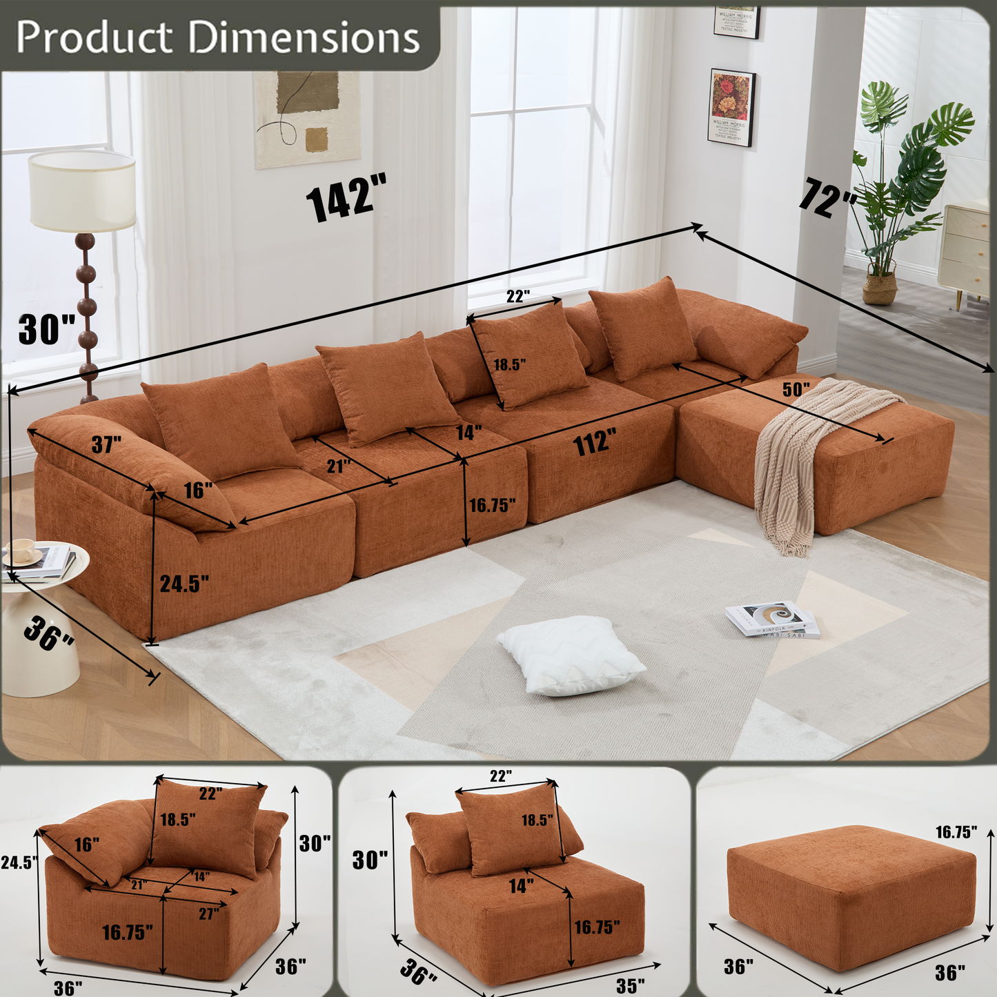 142in L-shaped modular sectional sofa by HouseOfZazla in burnt orange fabric with cushions on Tampa Home & Garden Store