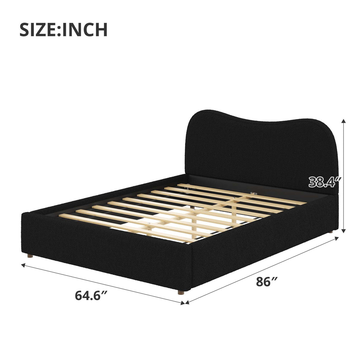 Queen Size Upholstered Platform Bed with Wooden Slats, black fabric, low frame by HouseOfZazla on Tampa Home & Garden Store