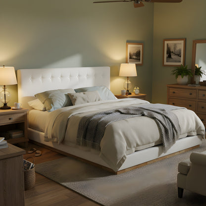 Solid rubber wood platform bed with white upholstered headboard, by HouseOfZazla on Tampa Home & Garden Store