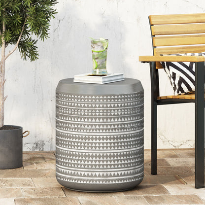 Outdoor cylindrical side table white finish with diamond-pattern metal base HouseOfZazla on Tampa Home & Garden Store