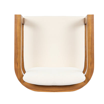 HouseOfZazla outdoor dining chair with curved acacia wood arms and beige cushion on Tampa Home & Garden Store