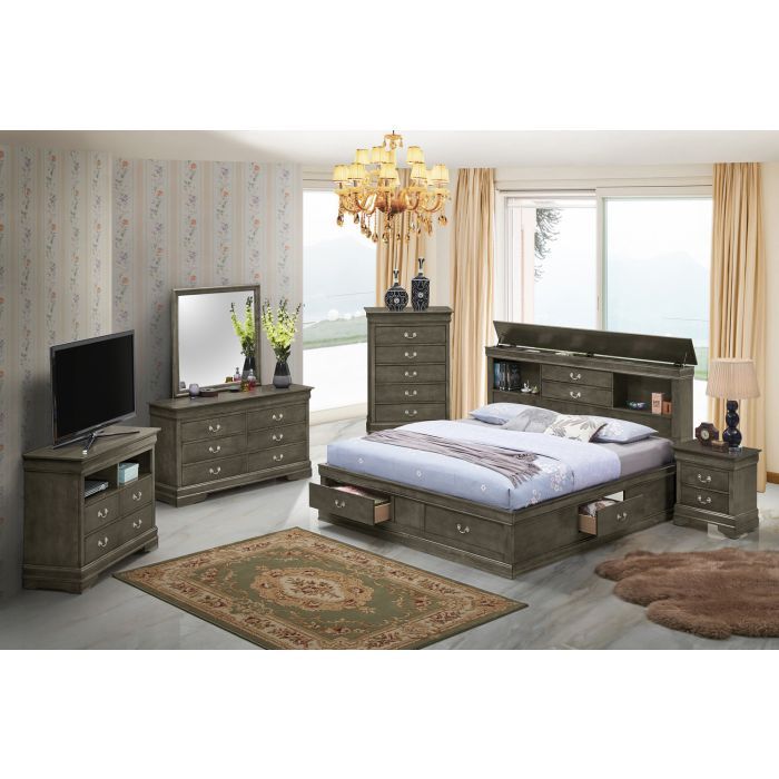 Traditional Style Bookcase Storage Bed in gray wood headboard and under-bed drawers HouseOfZazla on Tampa Home & Garden Store