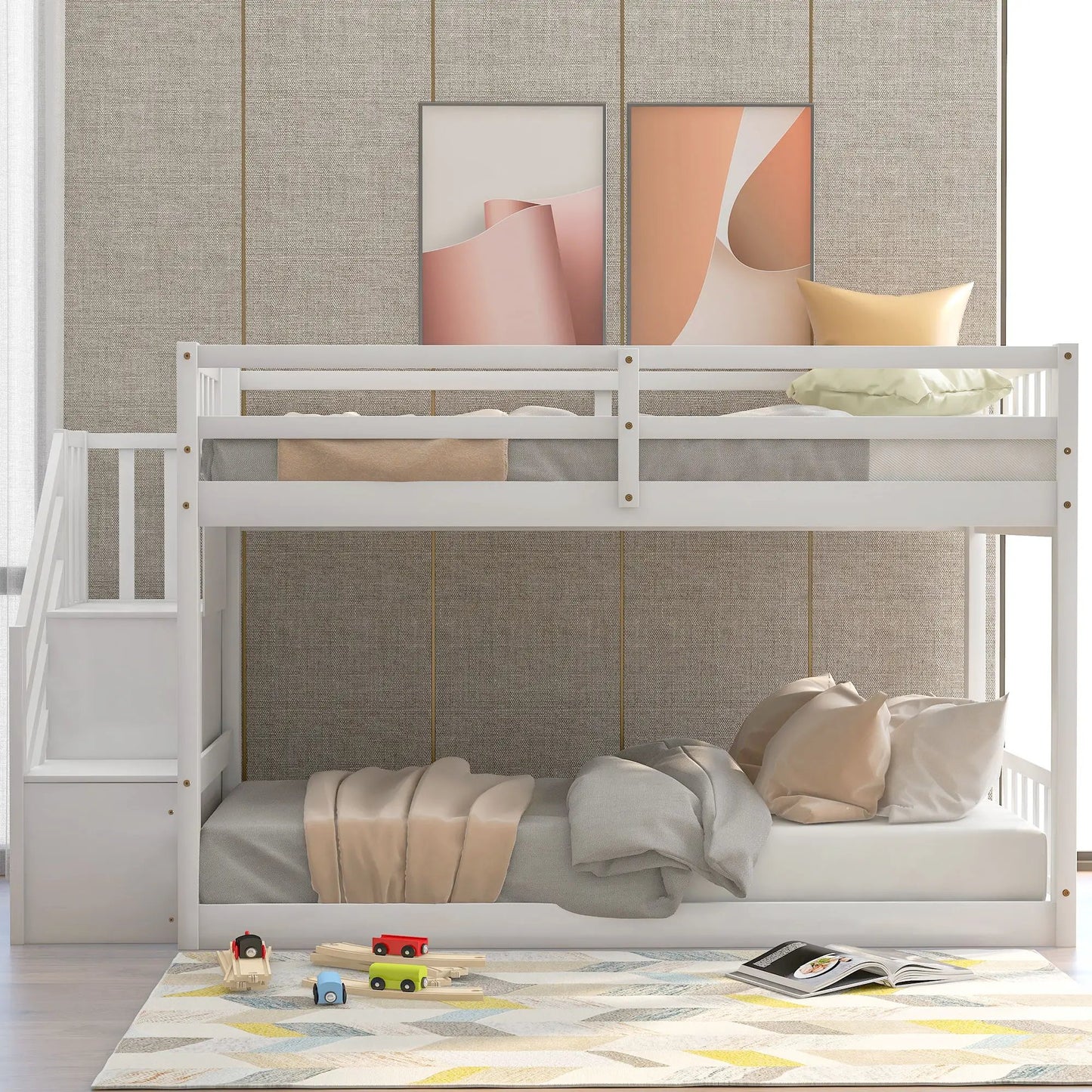 Twin Over Twin Floor Bunk Bed With Storage Ladder