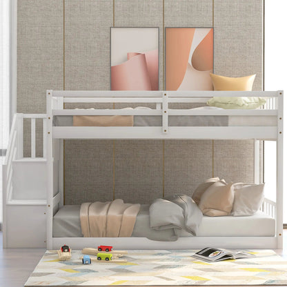 Twin Over Twin Floor Bunk Bed With Storage Ladder